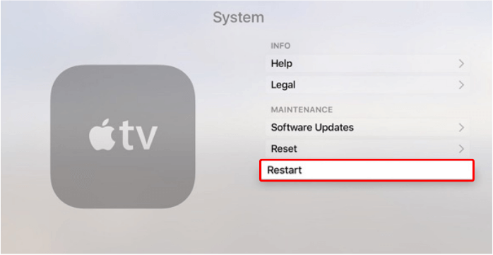 choose Restart option - How to Clear Cache On Apple TV