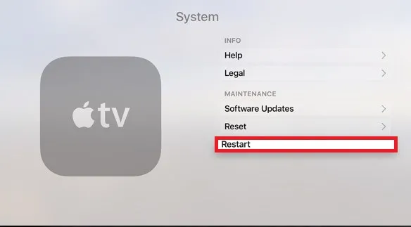 Click Restart to fix Apple TV not connecting to WiFi issue