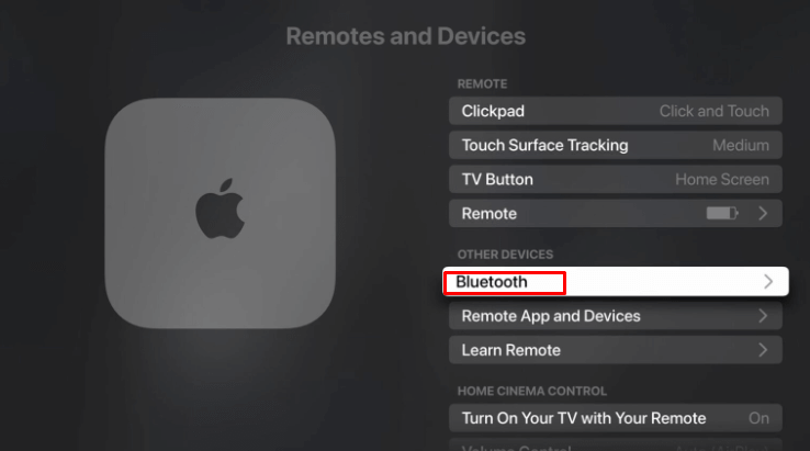 Click the Bluetooth option on Apple TV